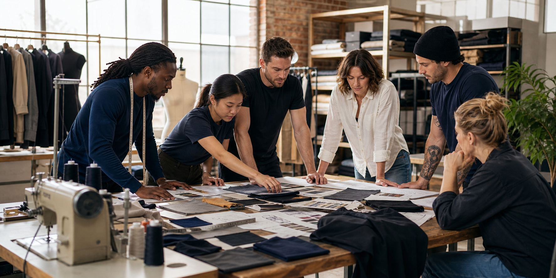 Diverse team of people collaborating around fabric samples and apparel plans
