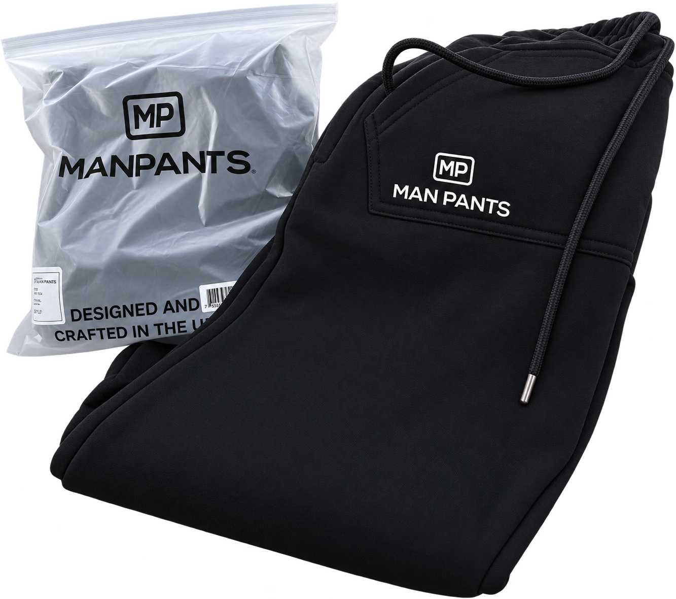 Folded black MANPANTS with branded retail packaging