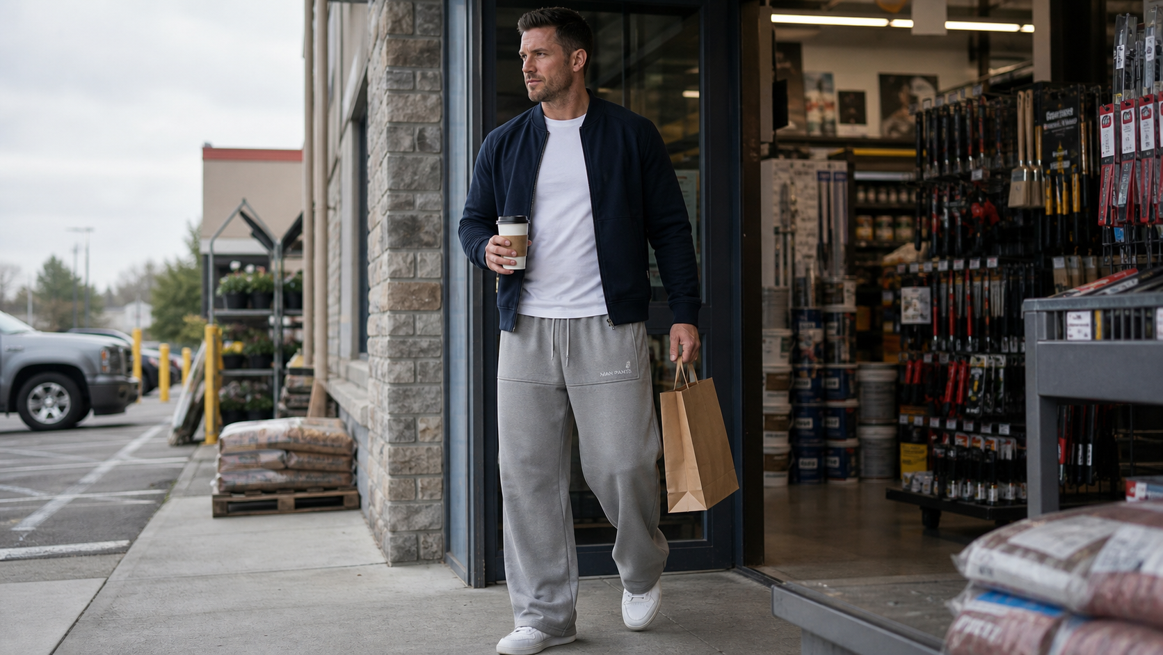 Man running errands in Steel Grey MANPANTS USA pants