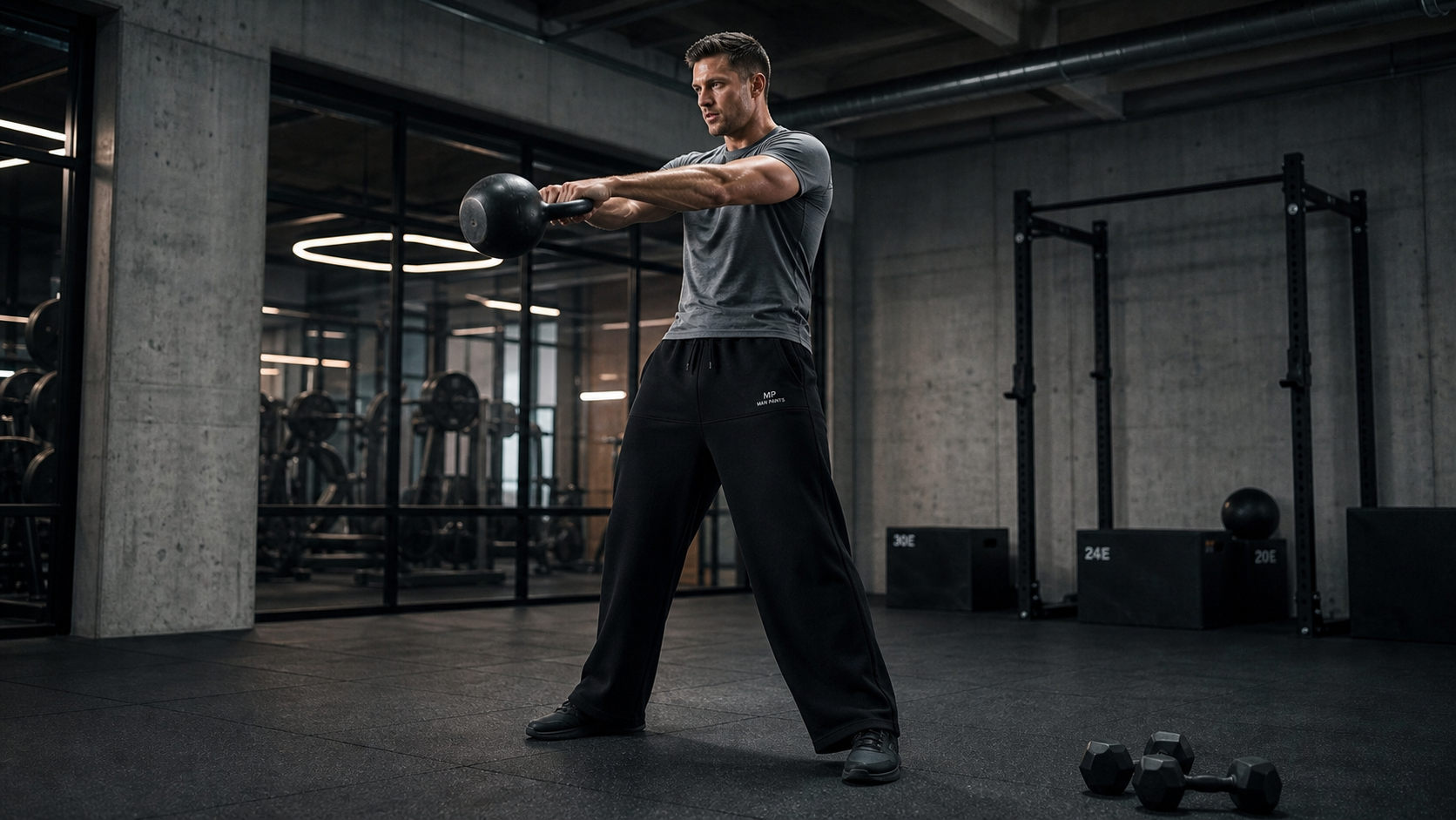 Man exercising in Jet Black MANPANTS USA pants