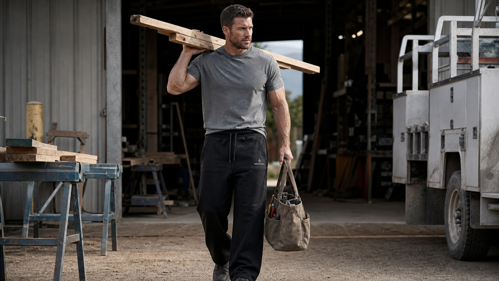 Man working a job in Jet Black MANPANTS USA pants